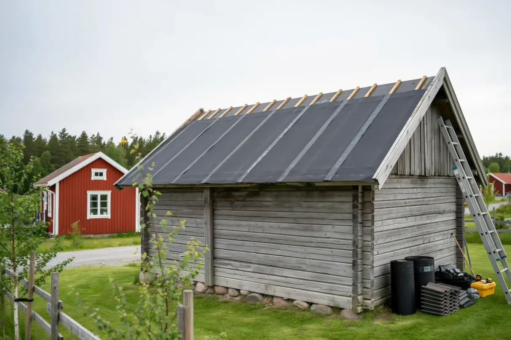takoml ggning med ny underlagspapp p fritidshus i v sterljung